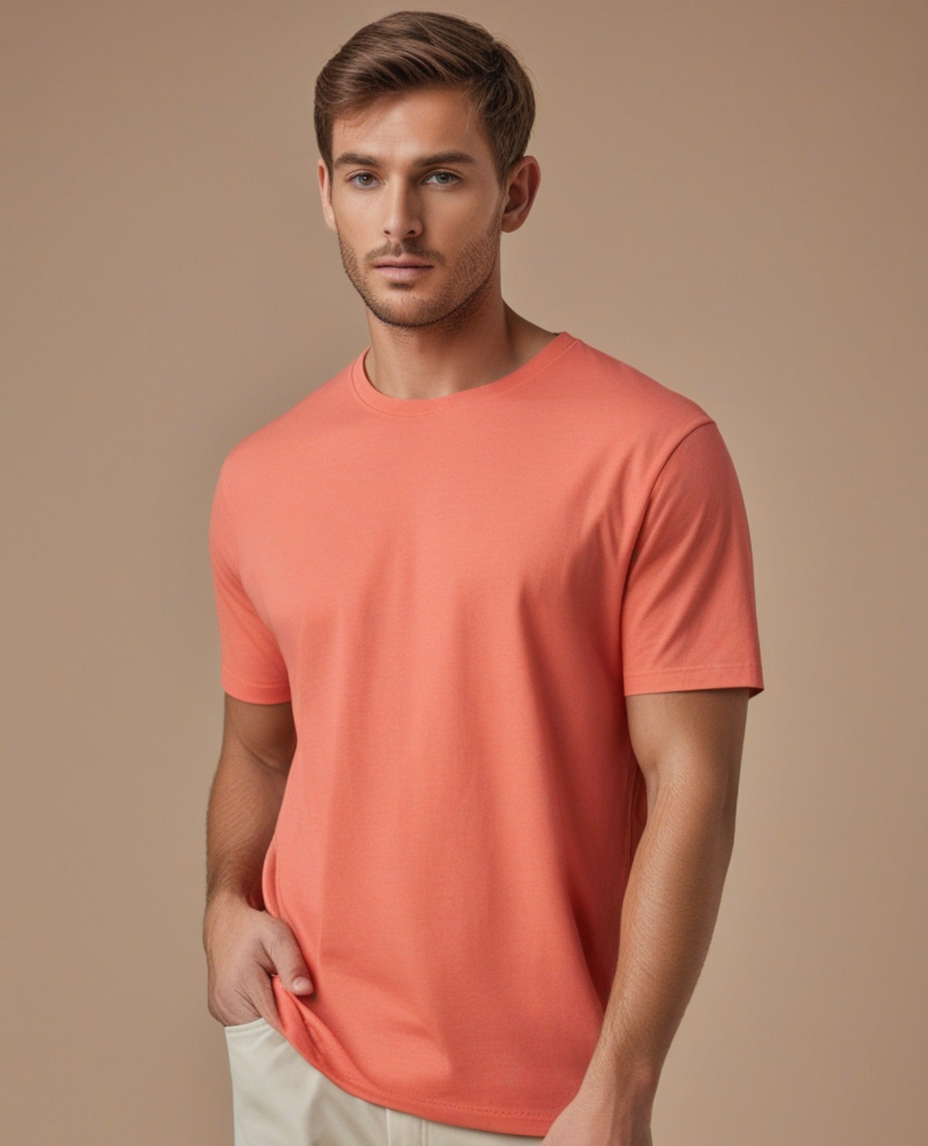 Round Neck Plain Coral Color T-Shirt