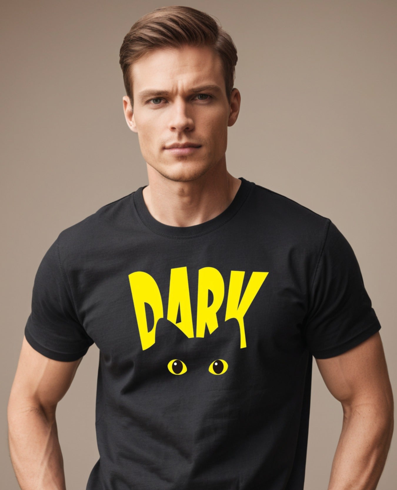 Man wearing a premium cotton black t-shirt featuring a unique dark cat graphic print.