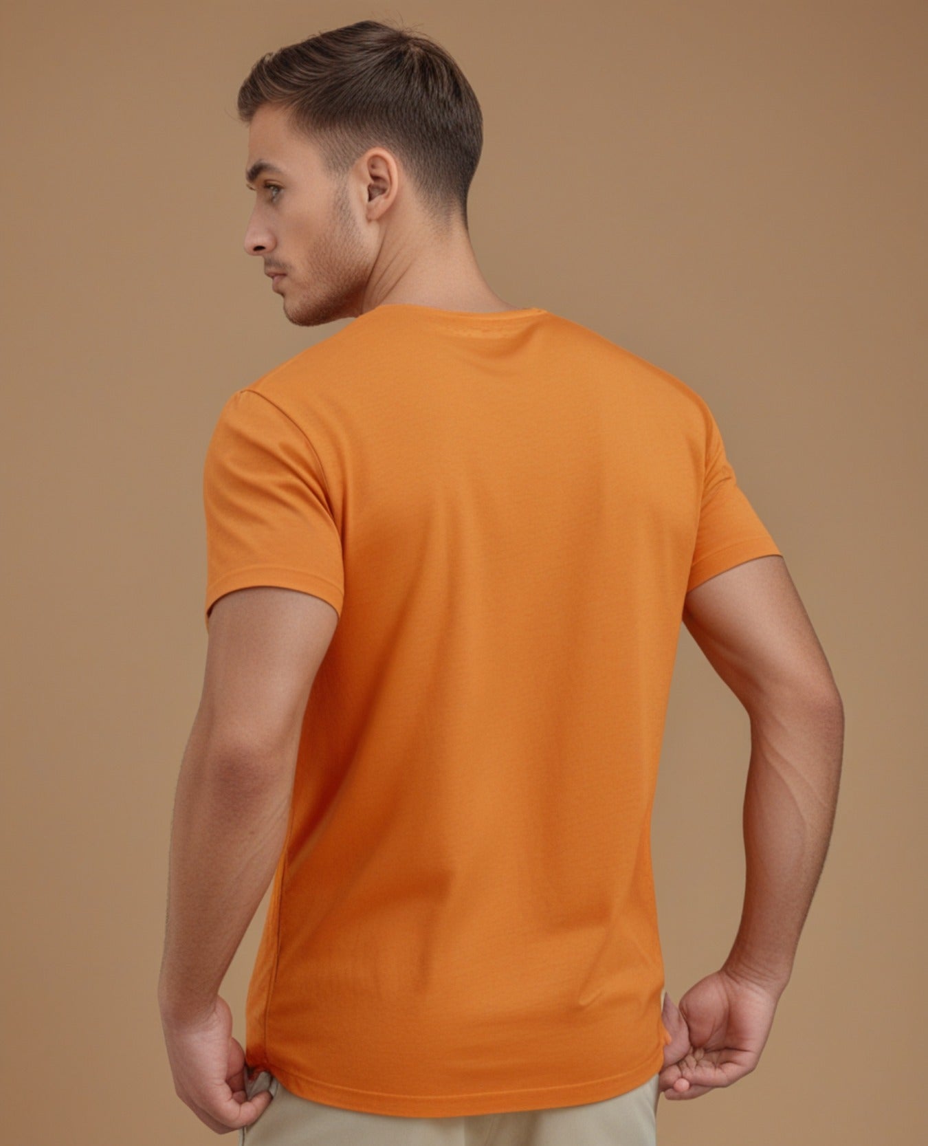 back view of Round Neck Plain Orange T-Shirt