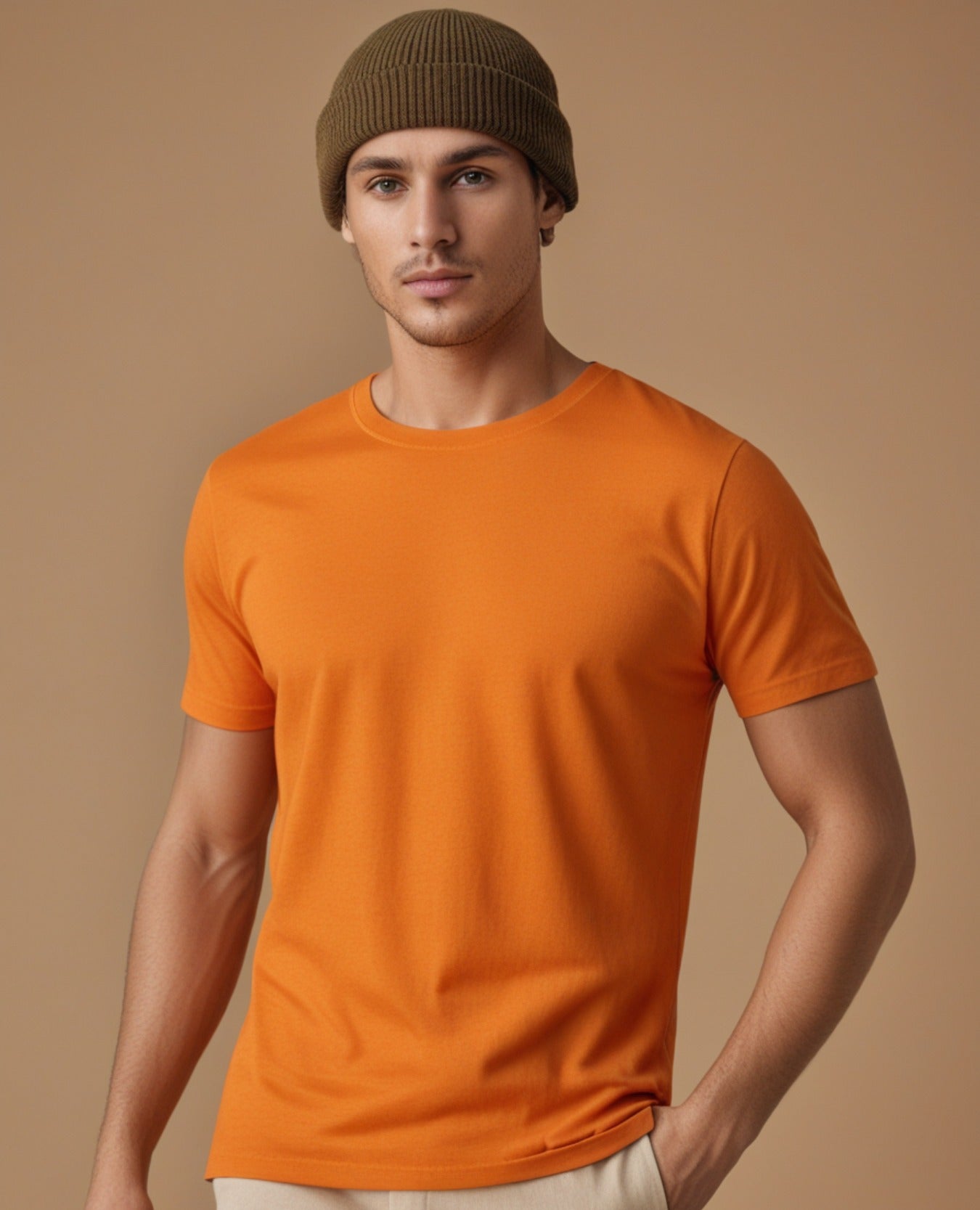 front view of Round Neck Plain Orange T-Shirt