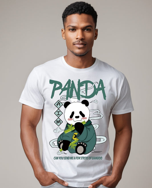 Man wearing a Panda Aim Graphic Printed Tshirt made from premium cotton, featuring a stylish panda design for casual occasions.