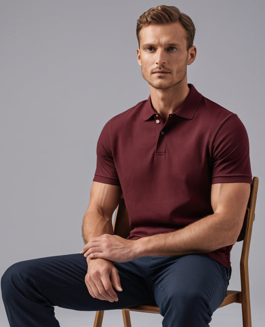 Men’s maroon polo t-shirt made from premium cotton, offering a comfortable fit, perfect for casual or formal occasions.