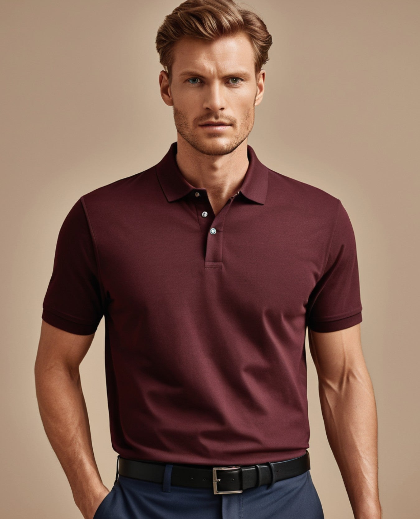 Men’s maroon polo t-shirt made from premium cotton, showcasing a smooth, comfortable fit for casual or formal occasions.