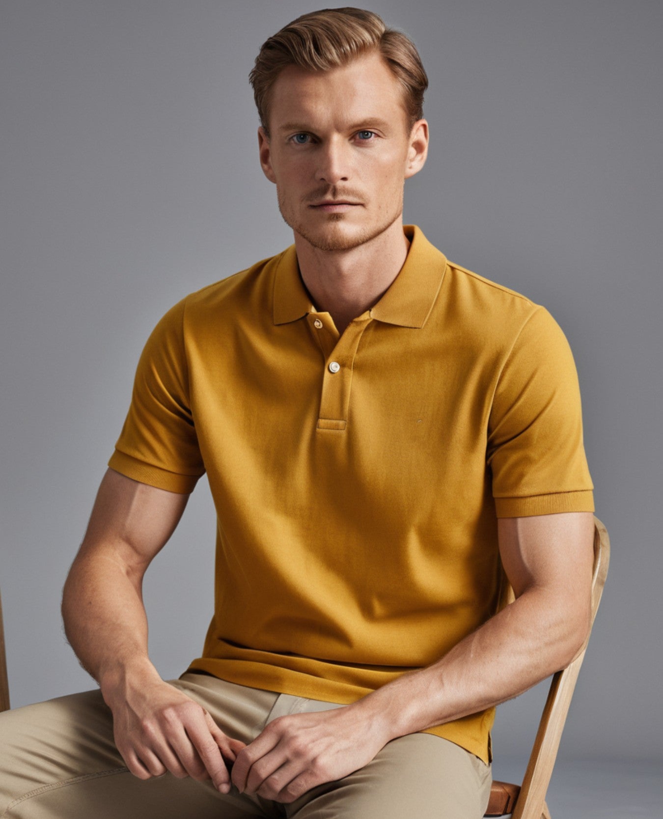 Man wearing premium cotton men’s polo t-shirt in mustard yellow, seated comfortably in a chair.