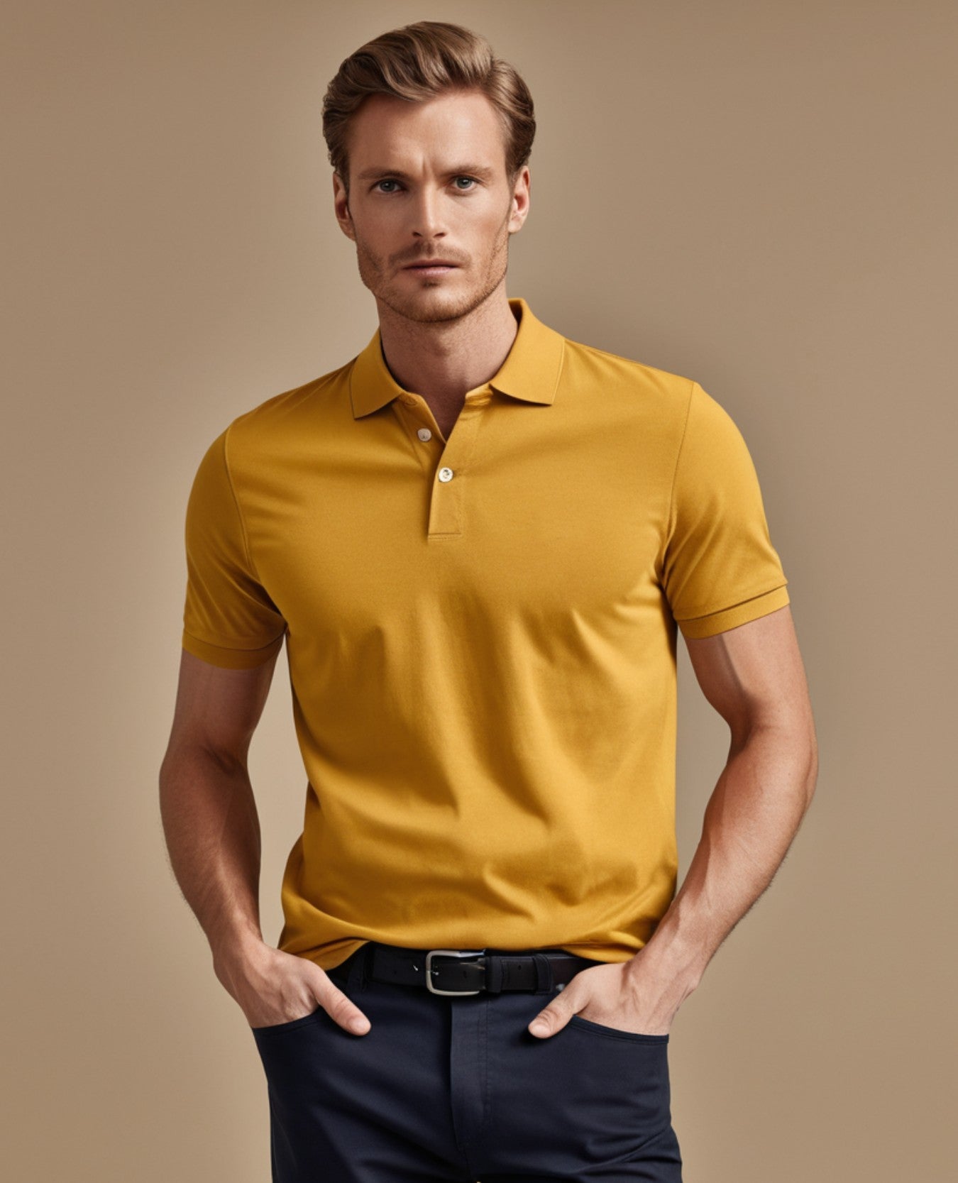 "Men's mustard yellow premium cotton polo t-shirt showcasing style and comfort"