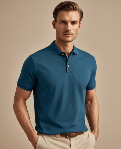 Man wearing premium cotton Men Polo Tshirt in Police Blue, showcasing its classic style and comfortable fit for versatile occasions.