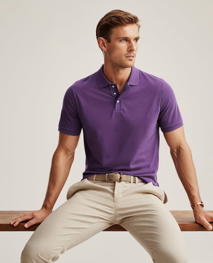 Purple men’s polo t-shirt in premium cotton, styled for a casual yet fashionable look.