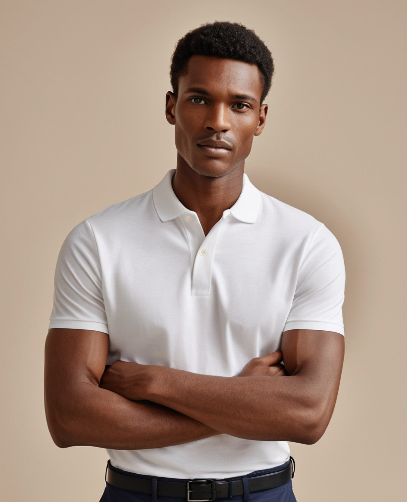 Man wearing a premium white cotton polo t-shirt, showcasing stylish elegance and comfort.