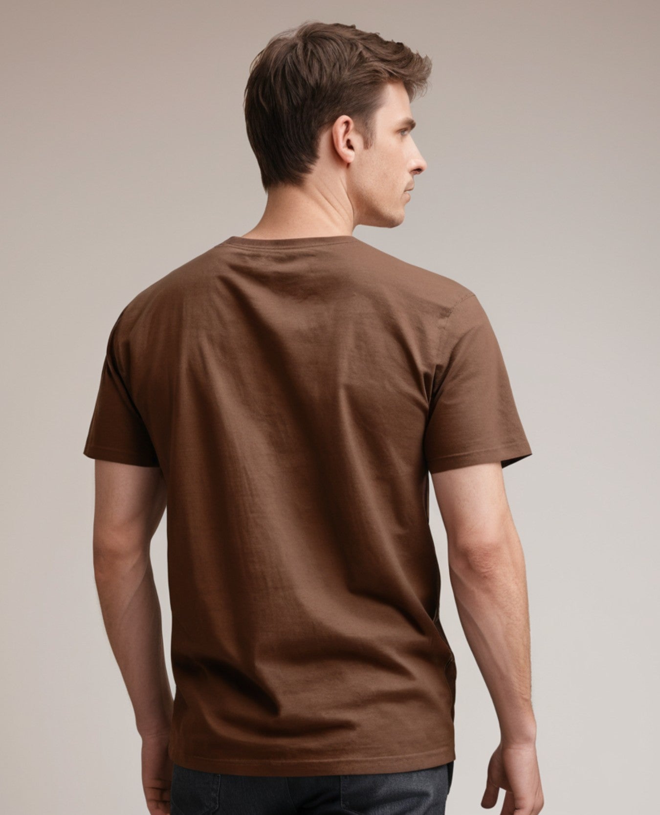 Man wearing premium cotton brown t-shirt with back view.