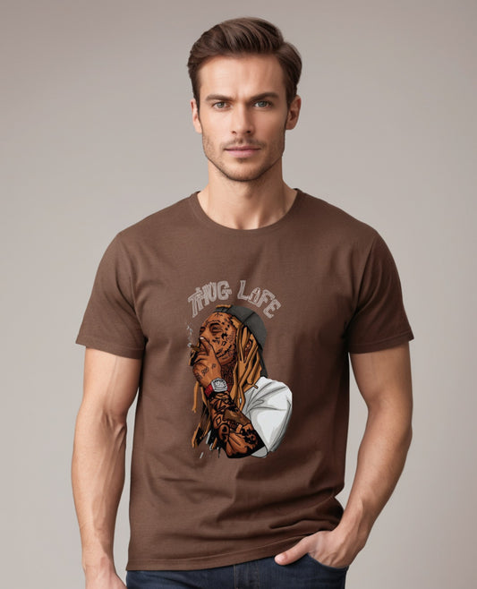 Man wearing brown Thug Life Graphics Printed Tshirt made of premium cotton fabric.